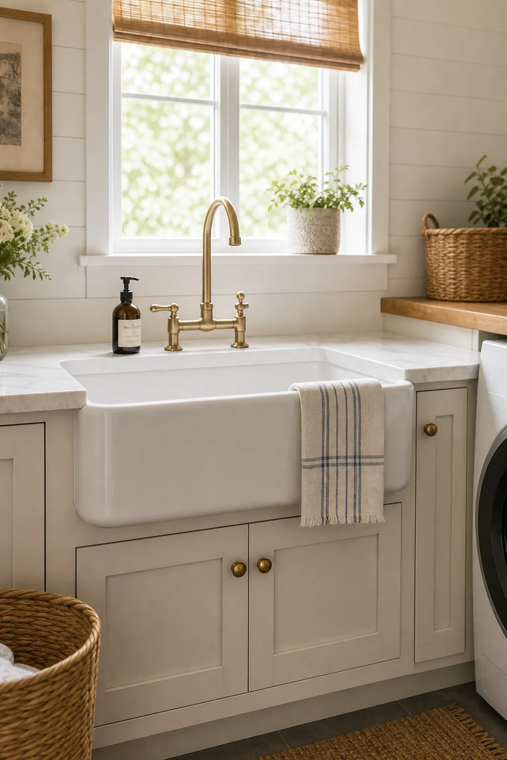 White fireclay apron front sink with a brass bridge faucet in a laundry room.