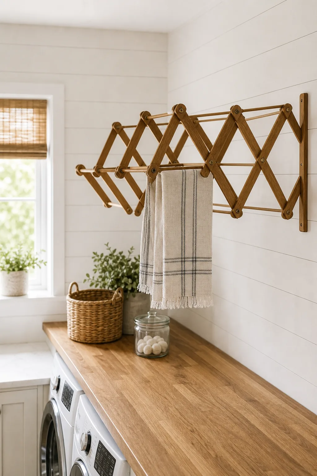 Wooden accordion drying rack extended from a white shiplap wall holding a towel.