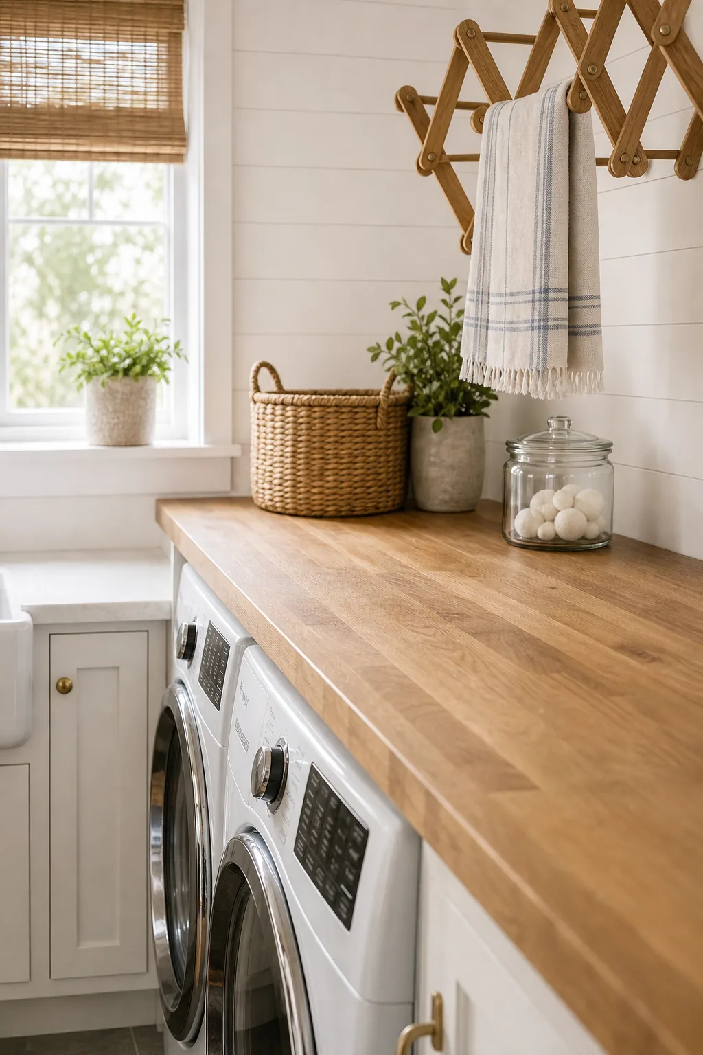 Warm oak butcher block countertop installed directly above a white washer and dryer.