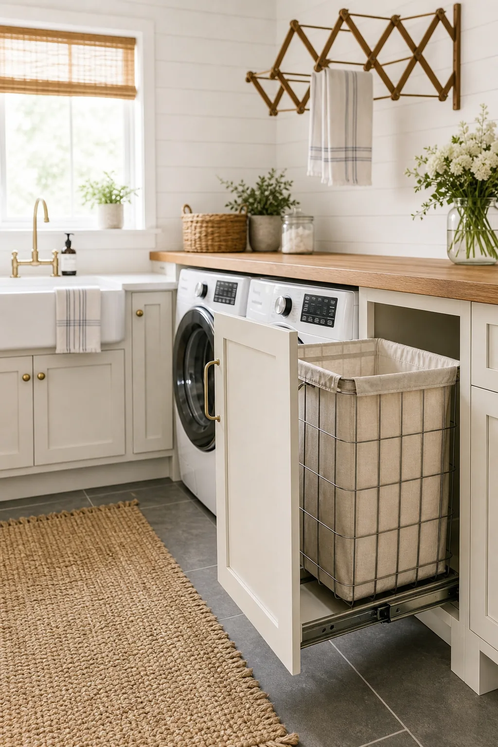 Lower base cabinet pulled open to reveal a hidden laundry sorting bin inside.