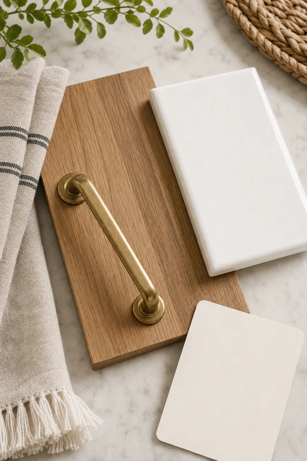 Flat lay of laundry room materials including oak wood, brass hardware, and white paint.