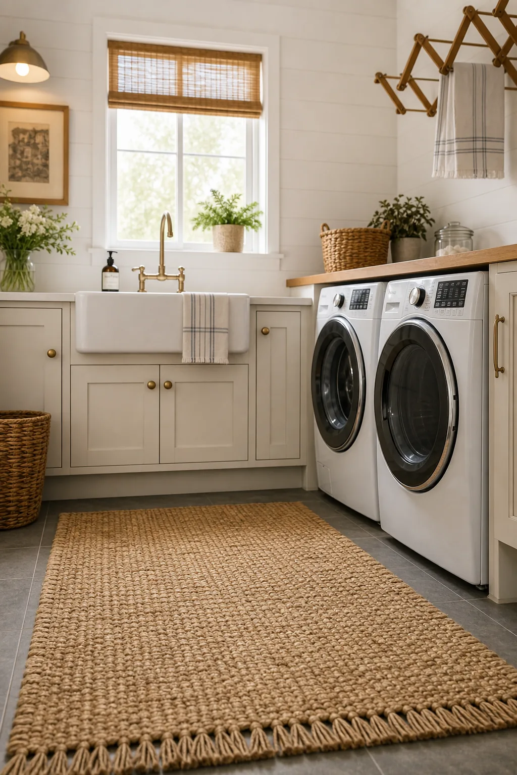 Natural woven jute rug on a dark tile floor in a bright laundry room.