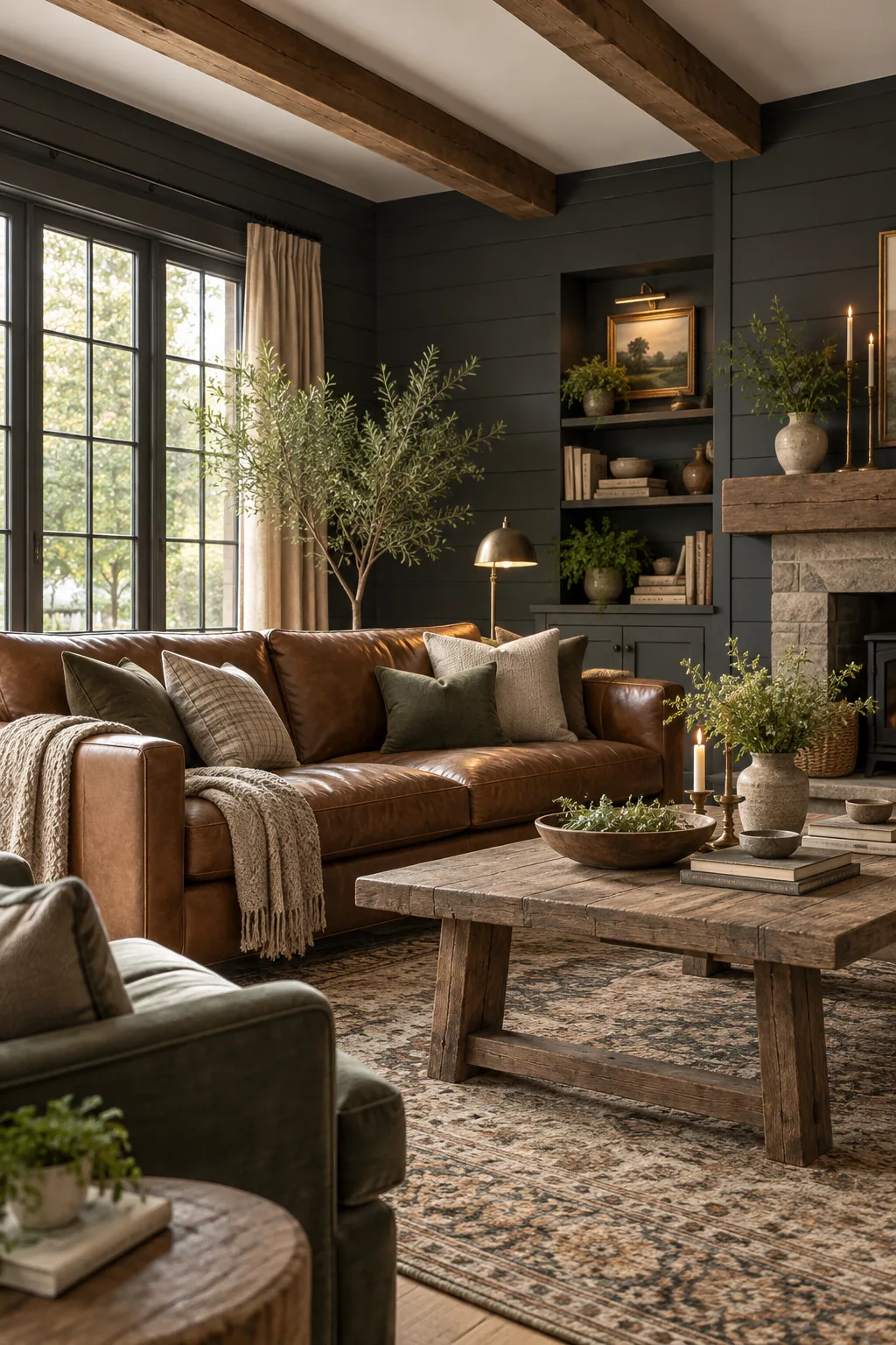 A moody farmhouse living room with charcoal plank walls and a leather sofa.
