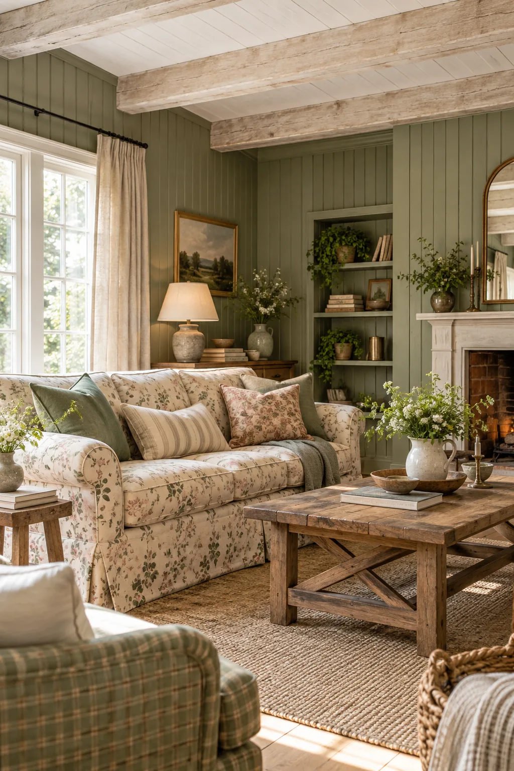 A cottage farmhouse living room with sage green beadboard and a floral sofa.