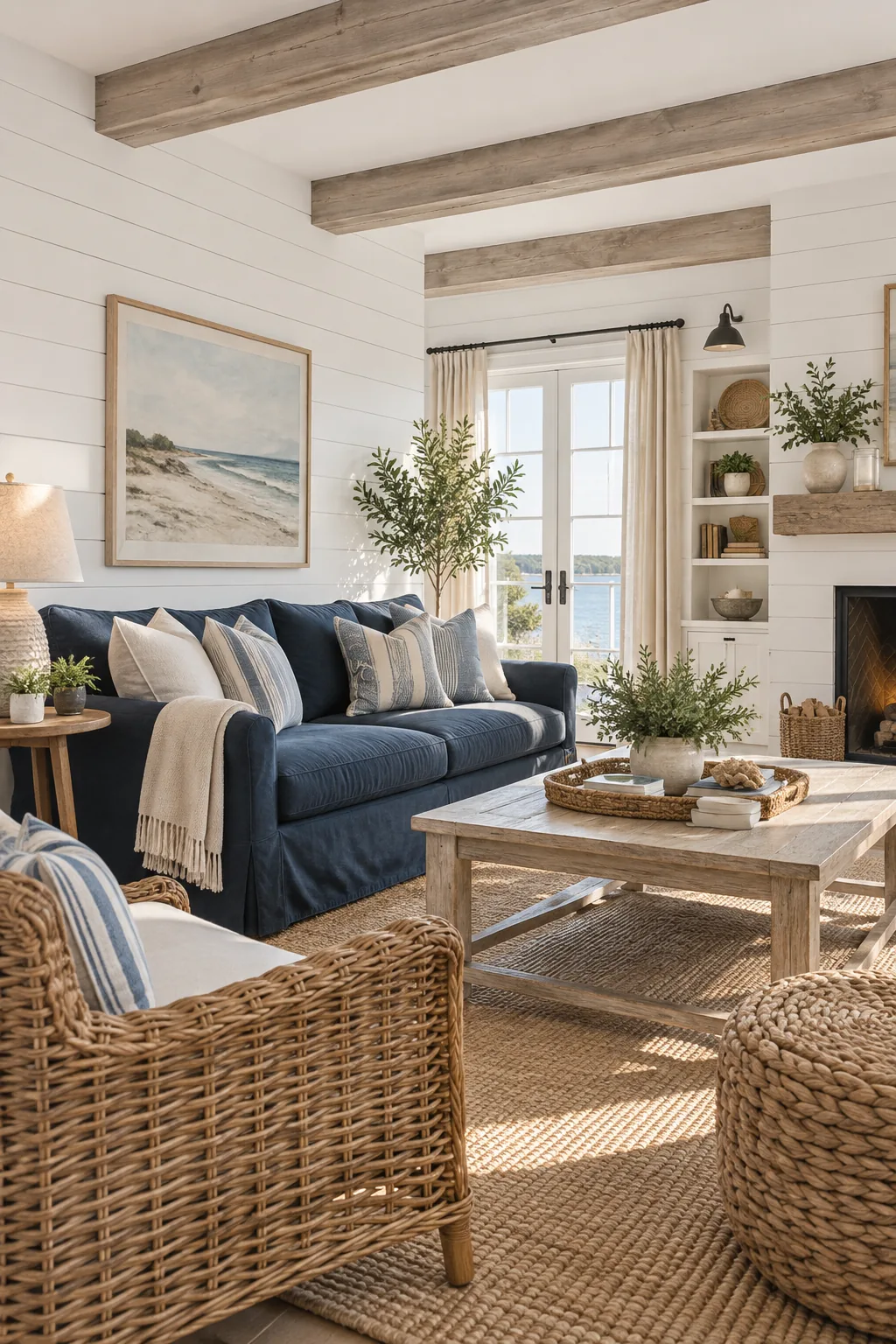 A coastal farmhouse living room with white shiplap and a navy slipcovered sofa.