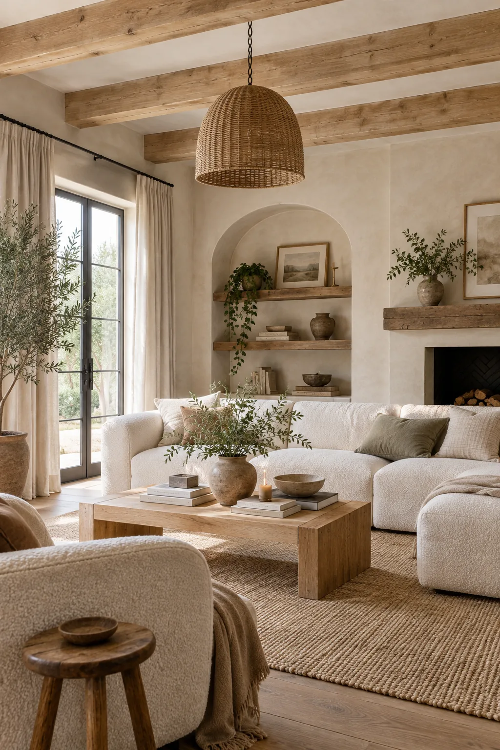 A minimalist farmhouse living room with plaster walls and raw oak beams.