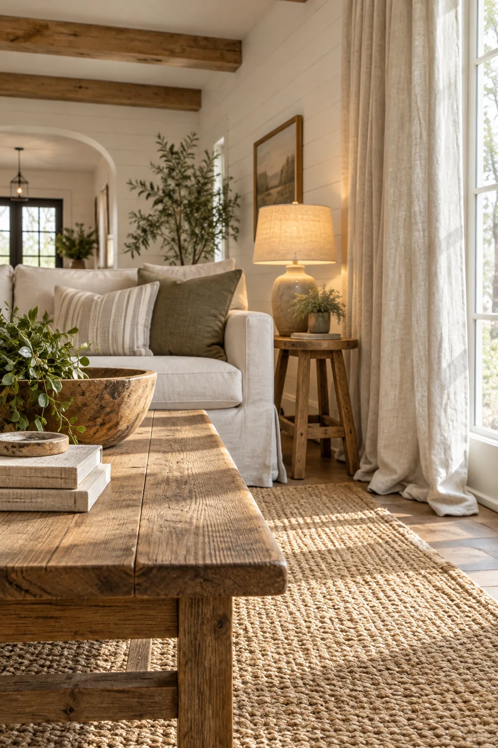 A rustic oak coffee table and a matching wooden side stool in a bright living room.