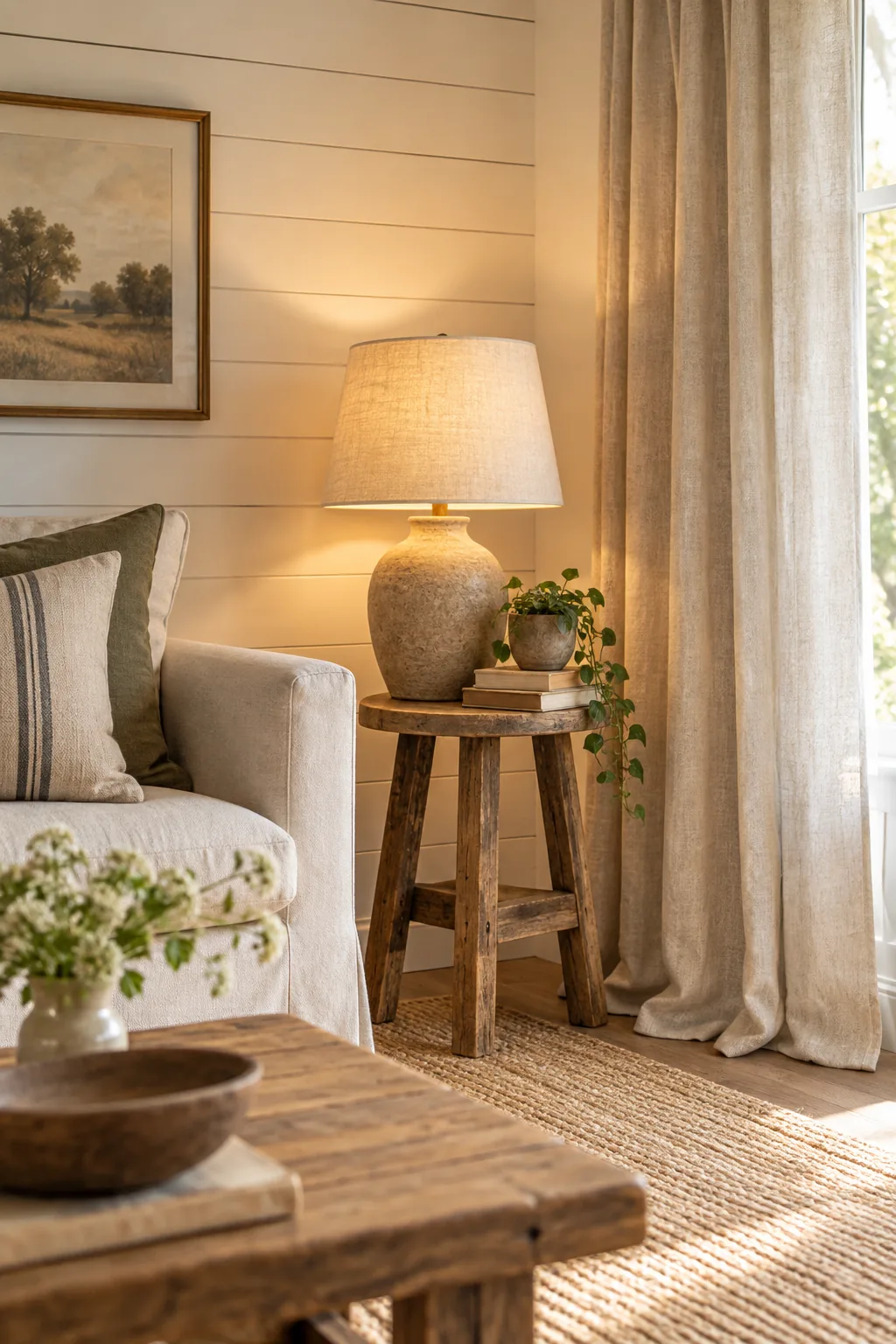 Thick oatmeal linen curtains with deep folds hanging beside a bright window.