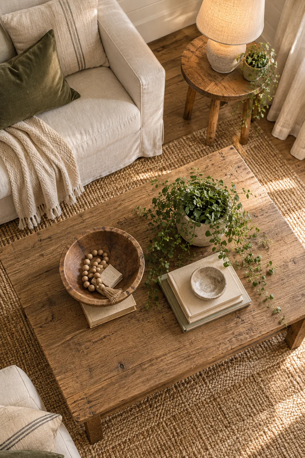 A textured ceramic table lamp with a linen shade casting warm light.