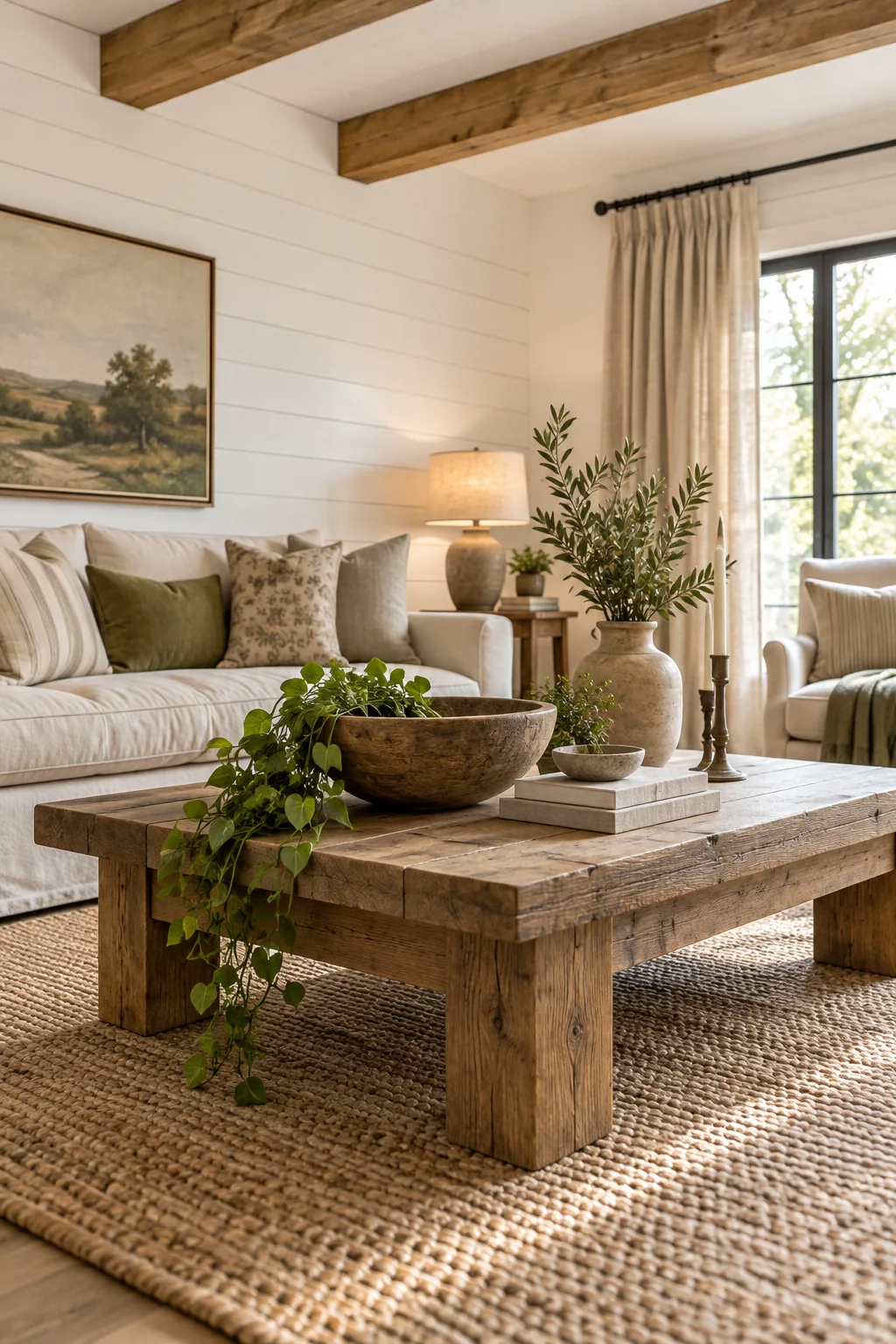 Overhead view of an oak coffee table styled with books, a wooden bowl, and plants.