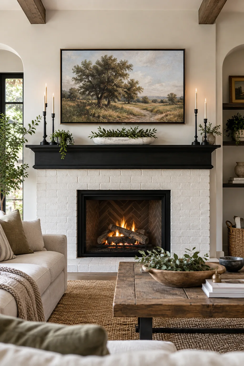 Sleek black mantel with a framed TV above, styled with matte black candlesticks and a low white marble tray.
