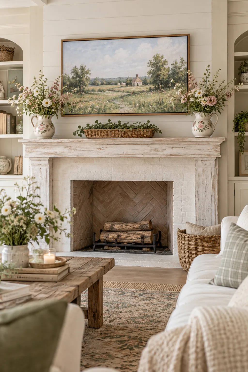Whitewashed mantel with a TV framed in light oak, flanked by vintage floral pitchers and a low woven basket.