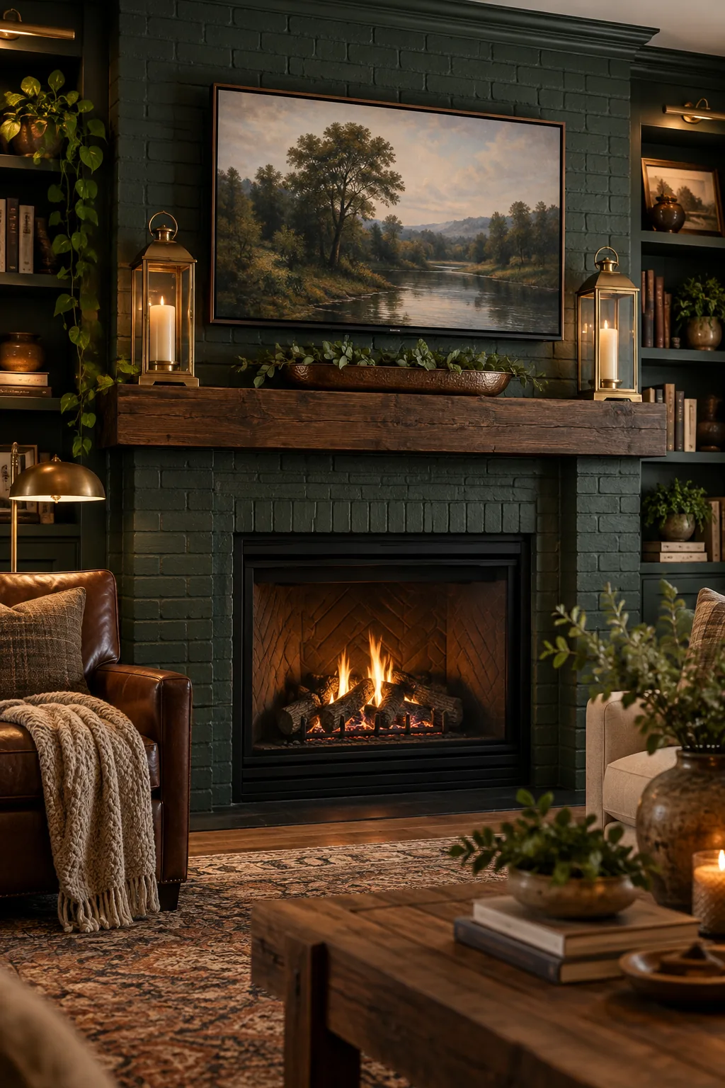 Dark walnut mantel against deep green brick, featuring a TV, brass lanterns on the ends, and a dark copper tray.