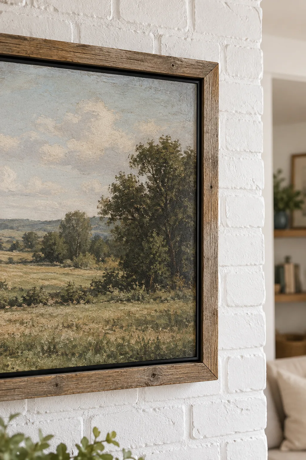 Upper right corner of a flat screen TV displaying landscape art, surrounded by a weathered reclaimed wood frame against white brick.