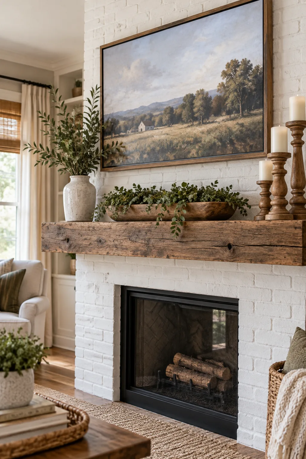 Close-up of the space between a flat screen TV and a mantel, showing exactly two inches of bare brick above trailing greenery.