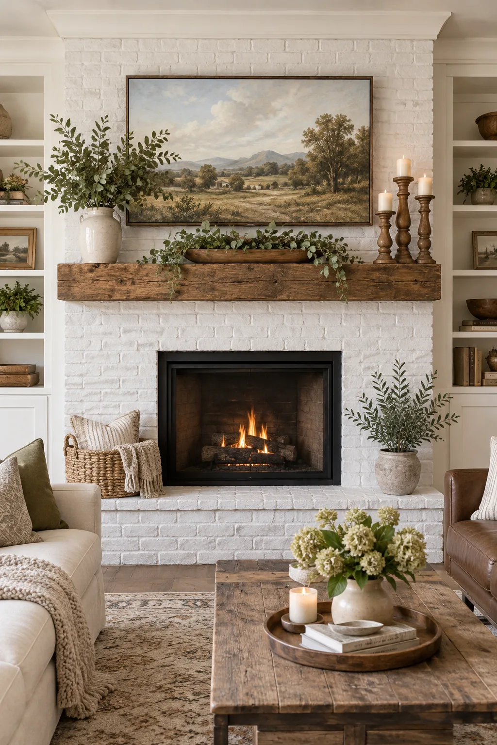 Long, shallow carved wooden dough bowl centered on a chunky reclaimed wood mantel beam.