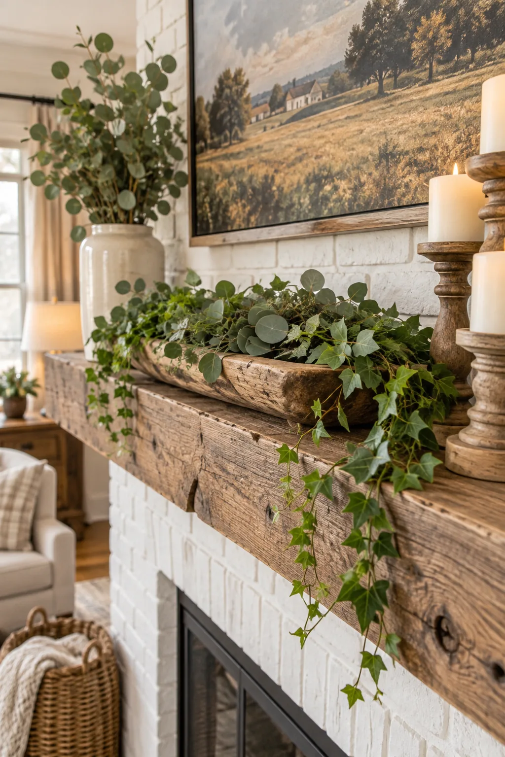 Faux eucalyptus and trailing ivy sitting inside a rustic wooden dough bowl, spilling slightly over the mantel edge.