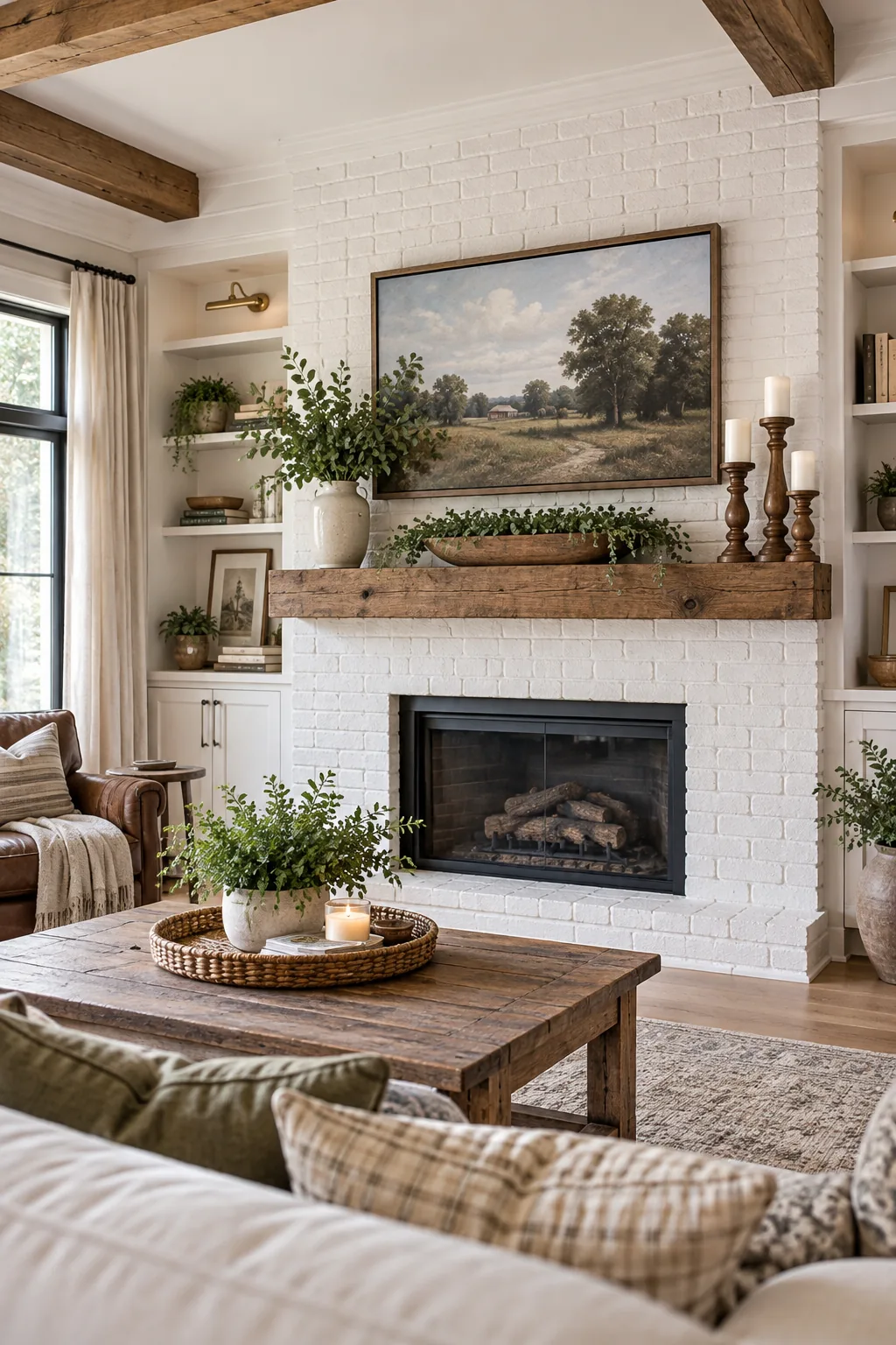 Complete view of a decorated farmhouse fireplace and mantel, perfectly proportioned with a framed TV, tall end crocks, and a low center bowl.