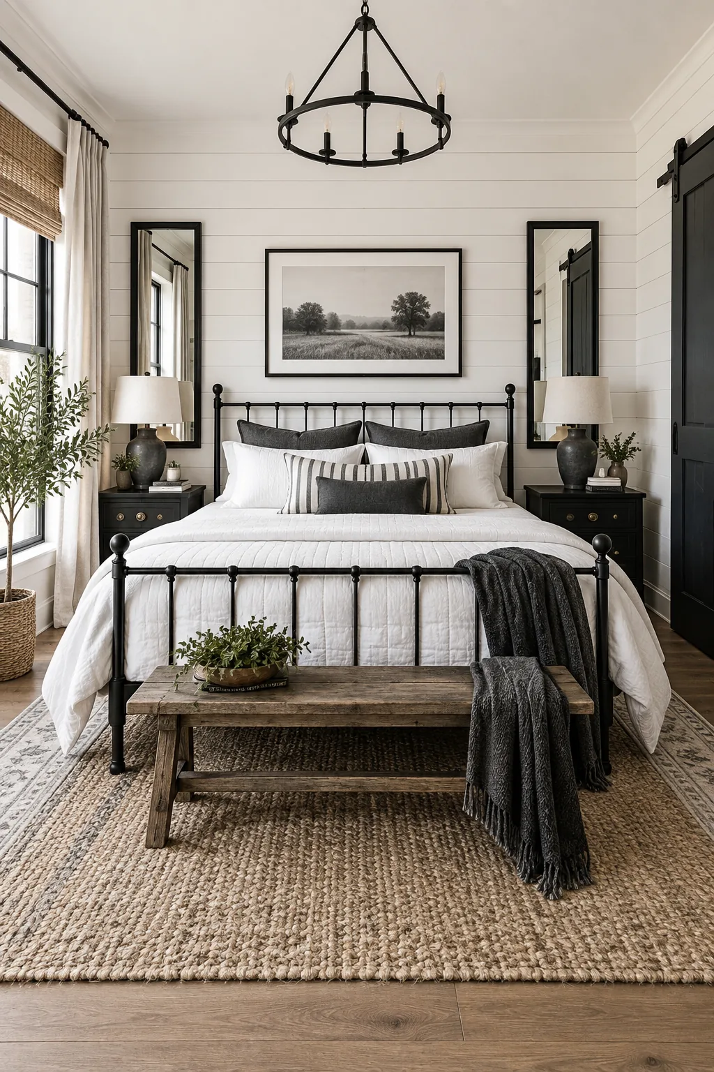 Modern farmhouse bedroom with a black iron bed against white shiplap walls.