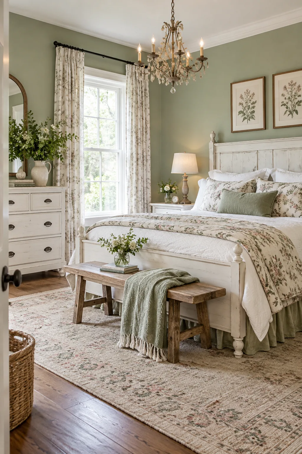 Cottage farmhouse bedroom featuring sage green walls and distressed white furniture.