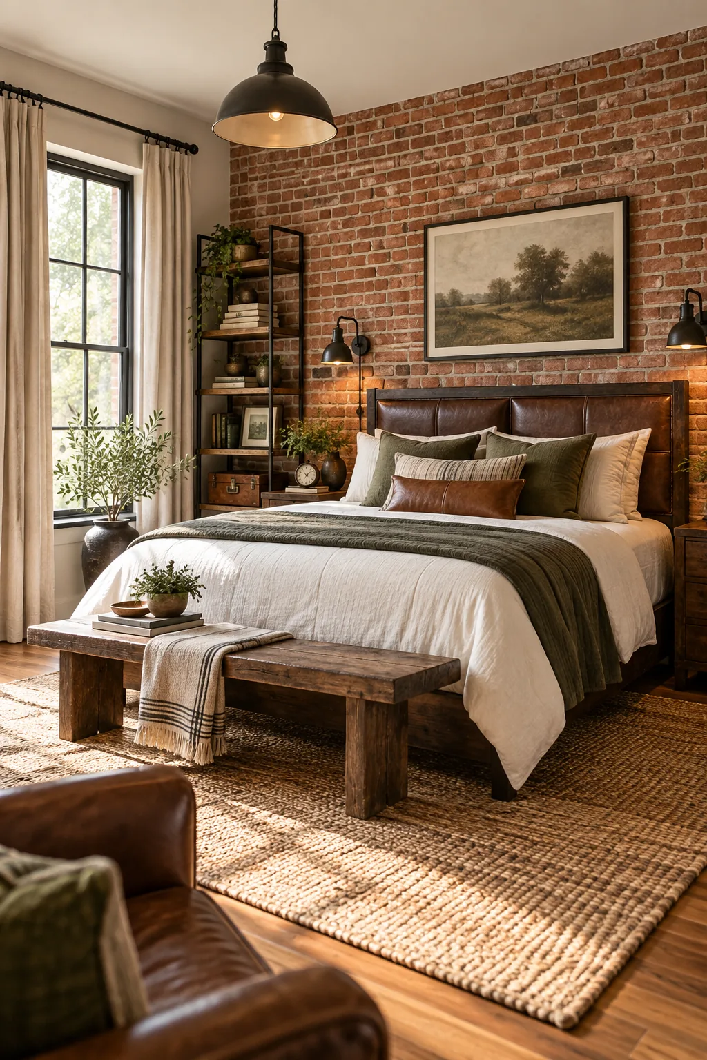 Industrial farmhouse bedroom with an exposed brick wall and dark walnut wood tones.
