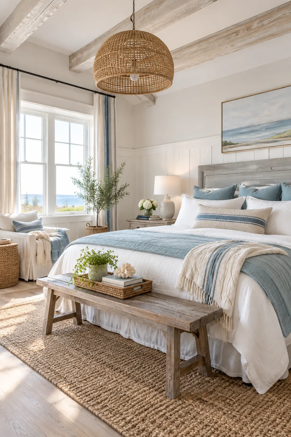 Coastal farmhouse bedroom with whitewashed beams and sea-glass blue accents.