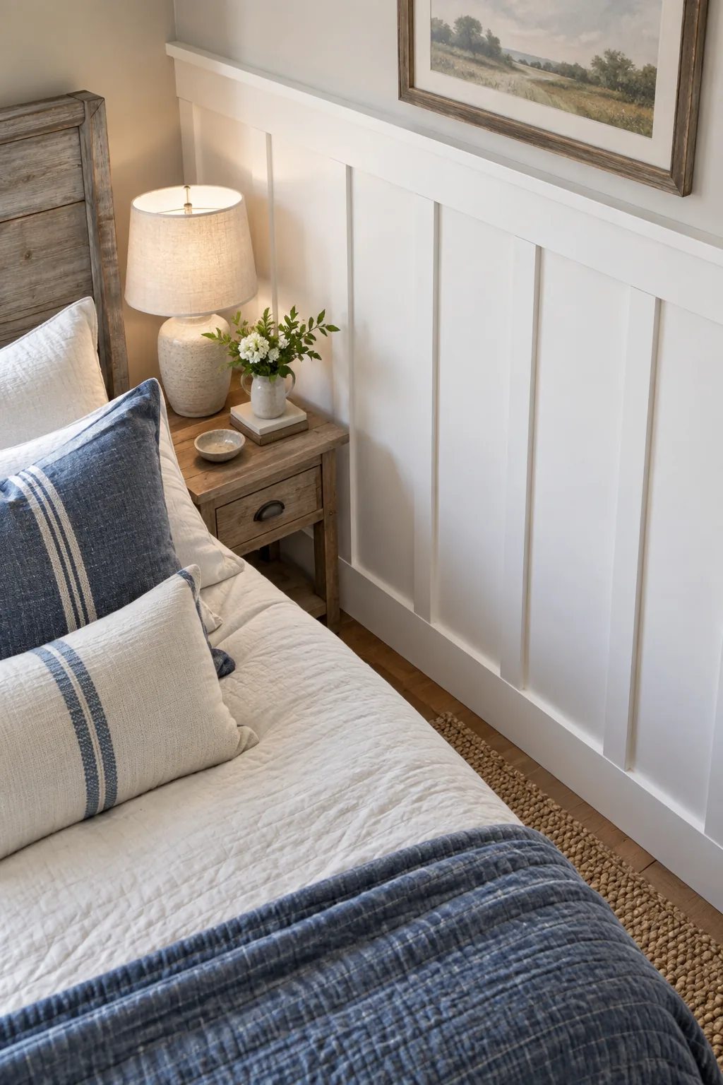 White board-and-batten wainscoting installed to two-thirds wall height next to a bed.