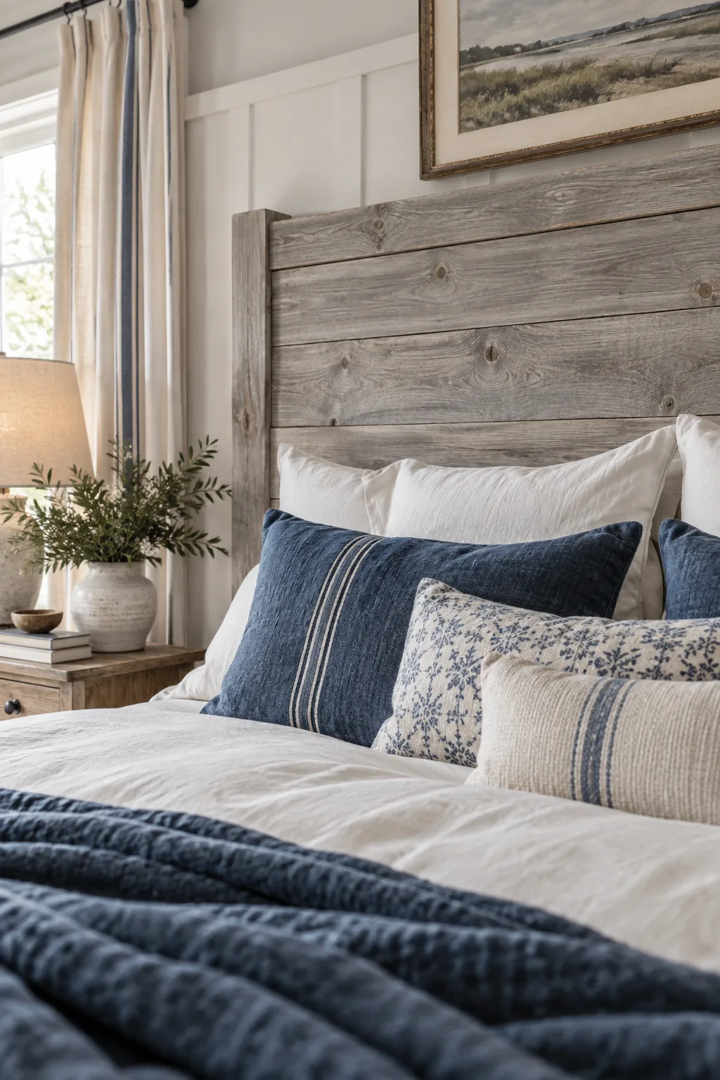 Weathered gray planked wood headboard featuring a silvery, aged finish behind layered pillows.