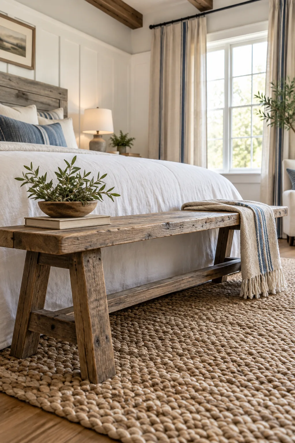 Floor-length canvas drop-cloth curtains with a painted indigo stripe hanging beside a bright bedroom window.