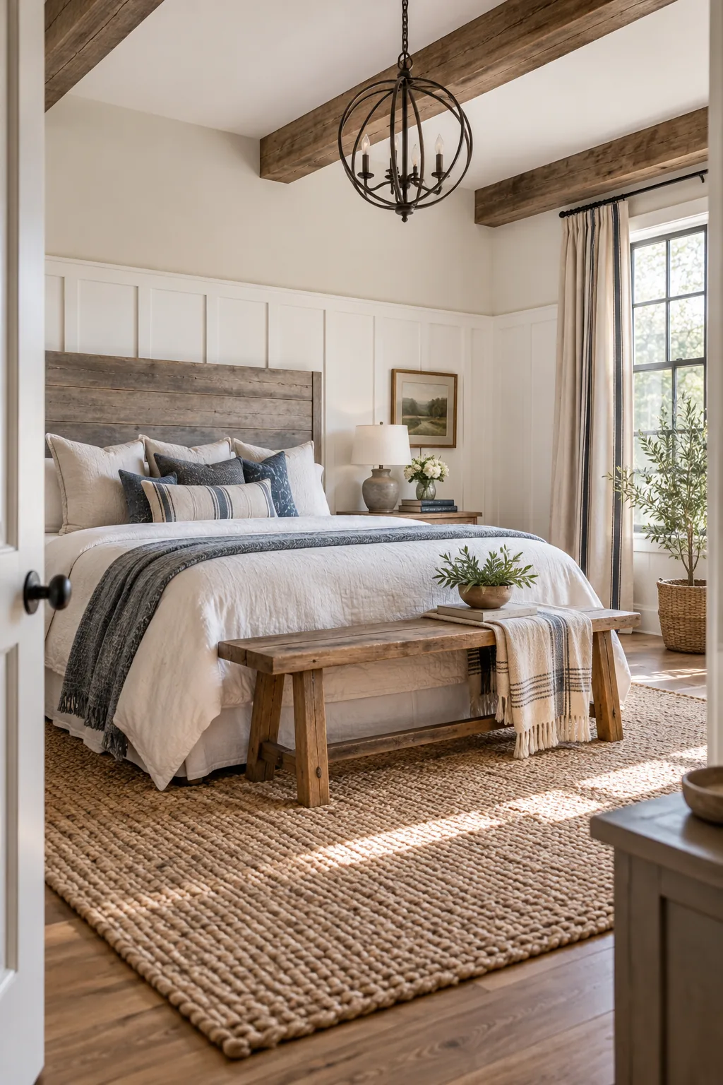 A rustic reclaimed wood bench sitting on a chunky braided jute rug at the foot of a bed.