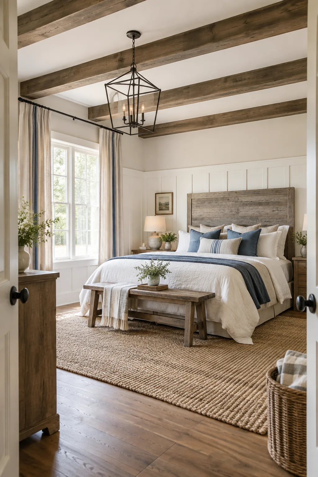 Wide view of a farmhouse bedroom showcasing both the stained ceiling beams and the tall white wainscoting.
