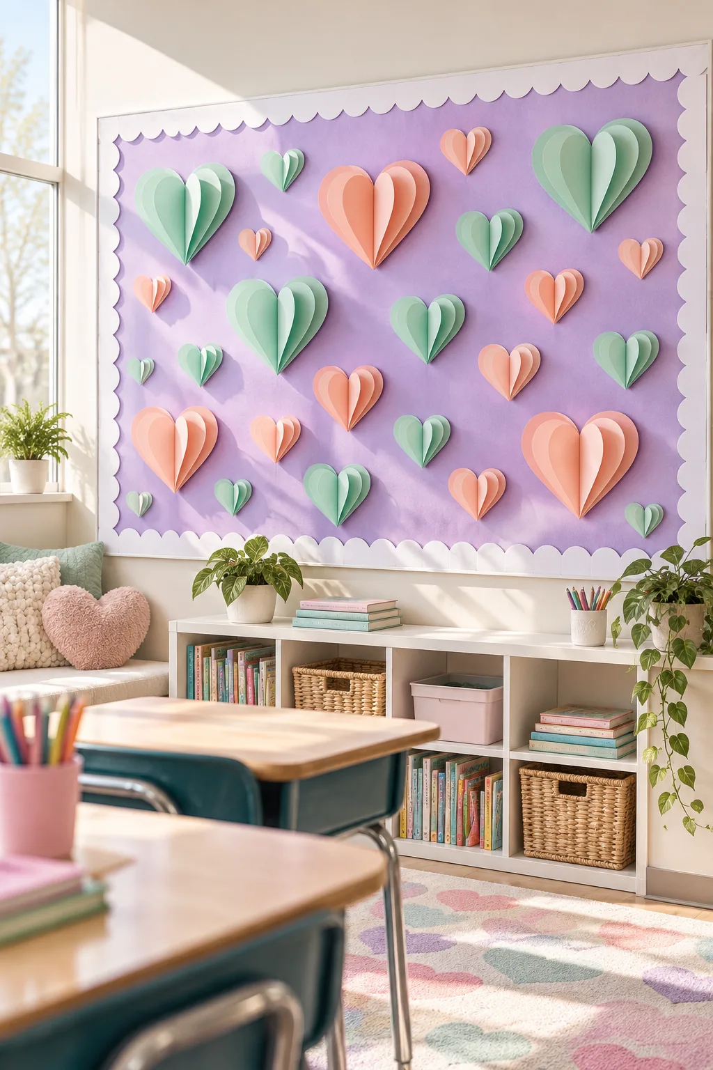 A pastel February bulletin board with lavender fabric and mint green paper hearts