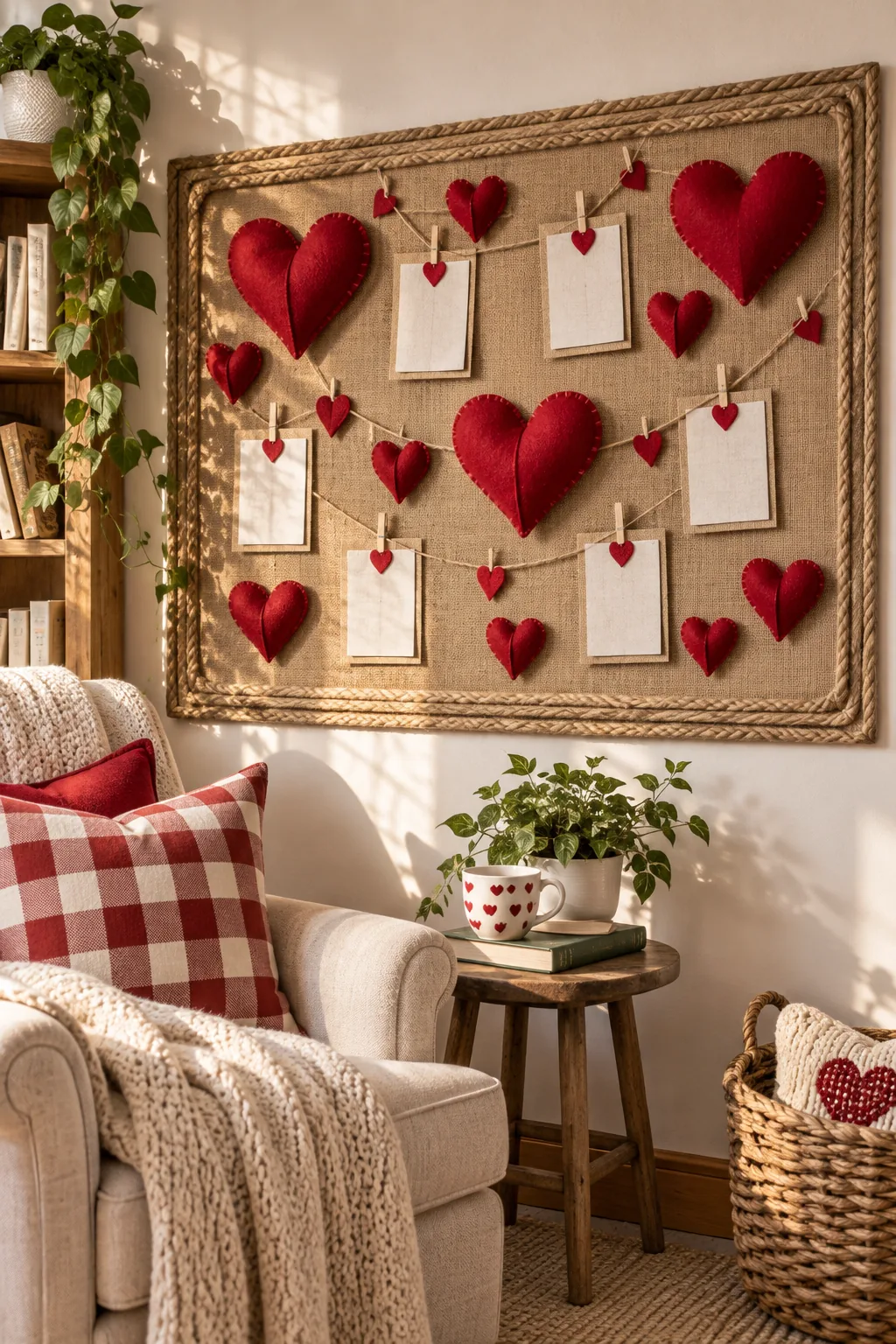 A rustic Valentine's bulletin board with burlap backing and crimson felt hearts