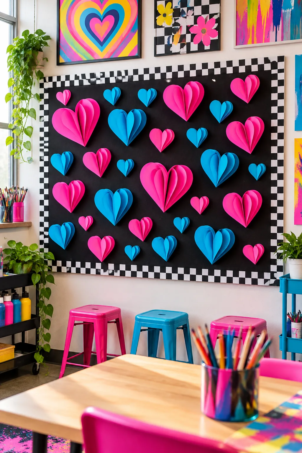 A neon pop art bulletin board with black fabric and hot pink 3D hearts