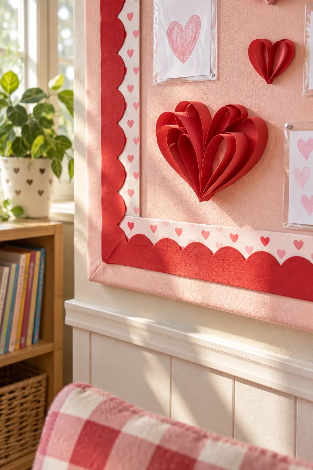 Close-up of blush pink fabric wrapping tightly around the corner of a bulletin board