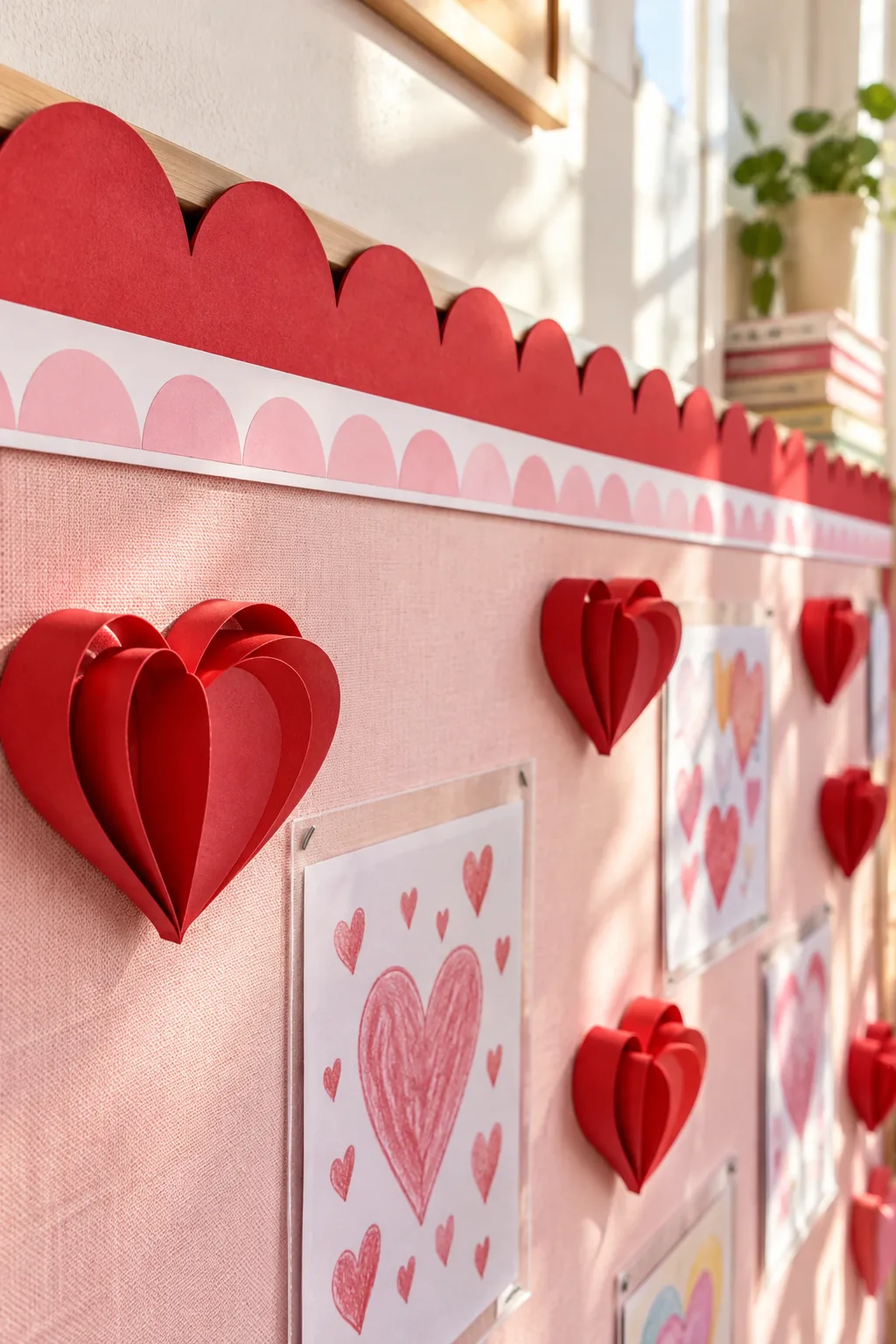Layered bulletin board borders showing a red scalloped edge behind a straight pink and white edge