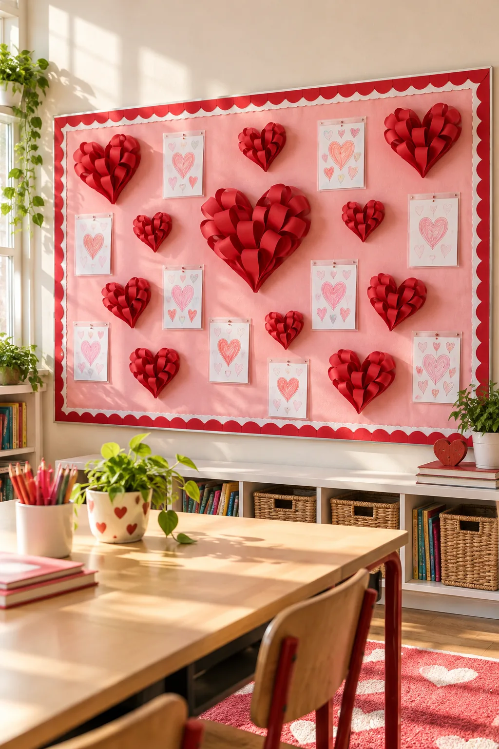 A 3D heart made from looped strips of red paper stapled at the base