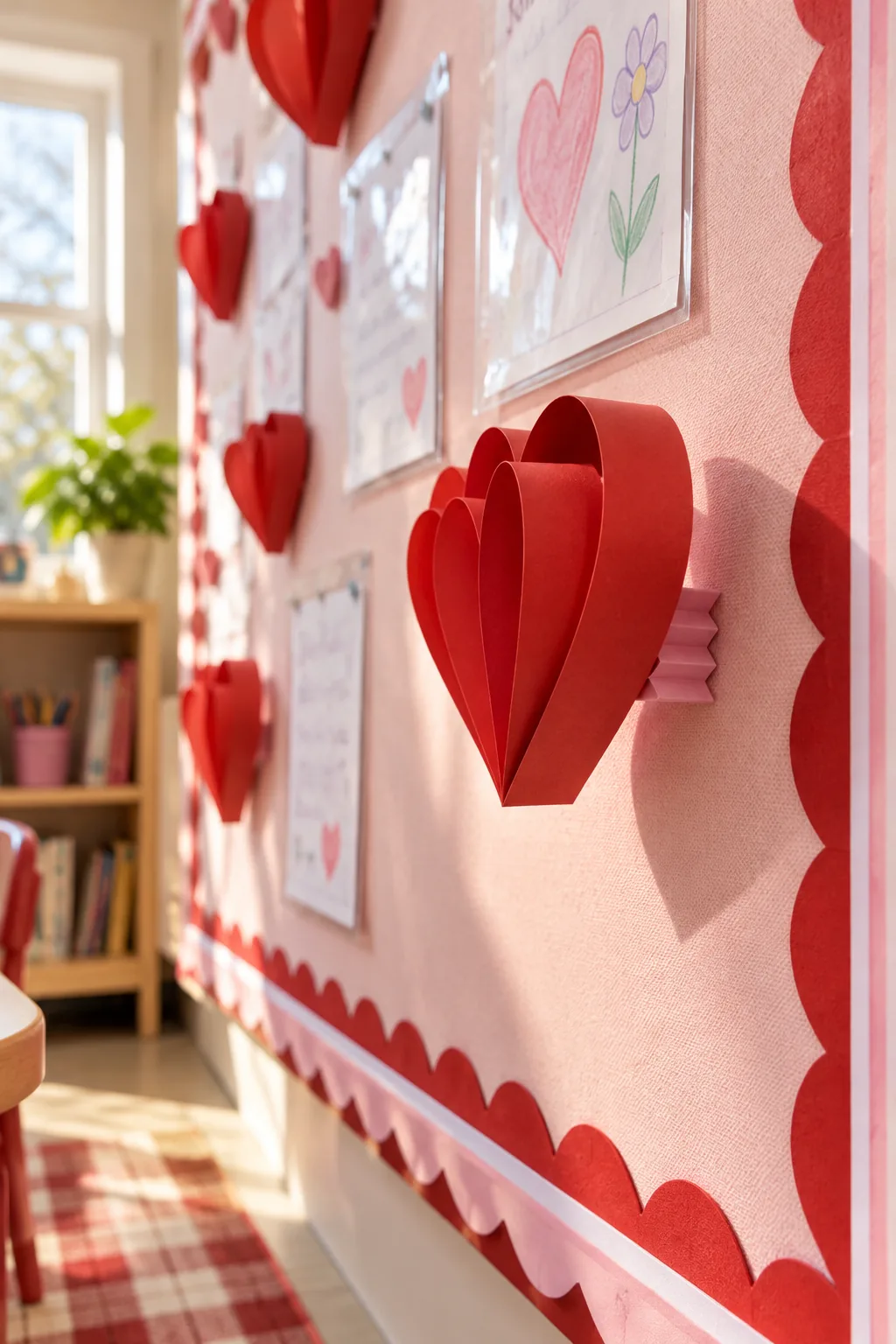 Side view of a 3D paper heart mounted on an accordion-folded paper spring attached to the board
