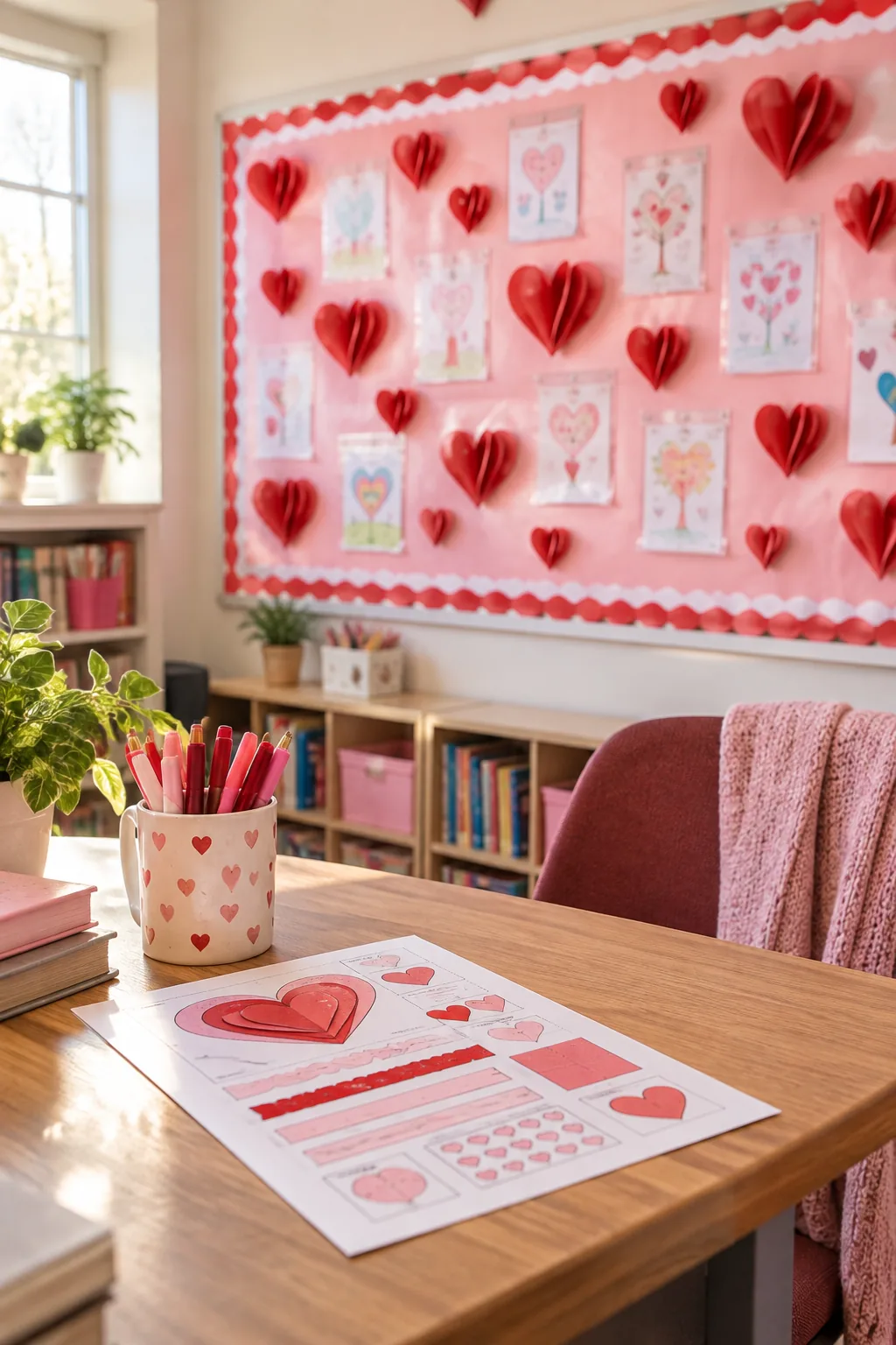 A wide view of a bulletin board balancing flat student work sleeves with popping 3D paper hearts