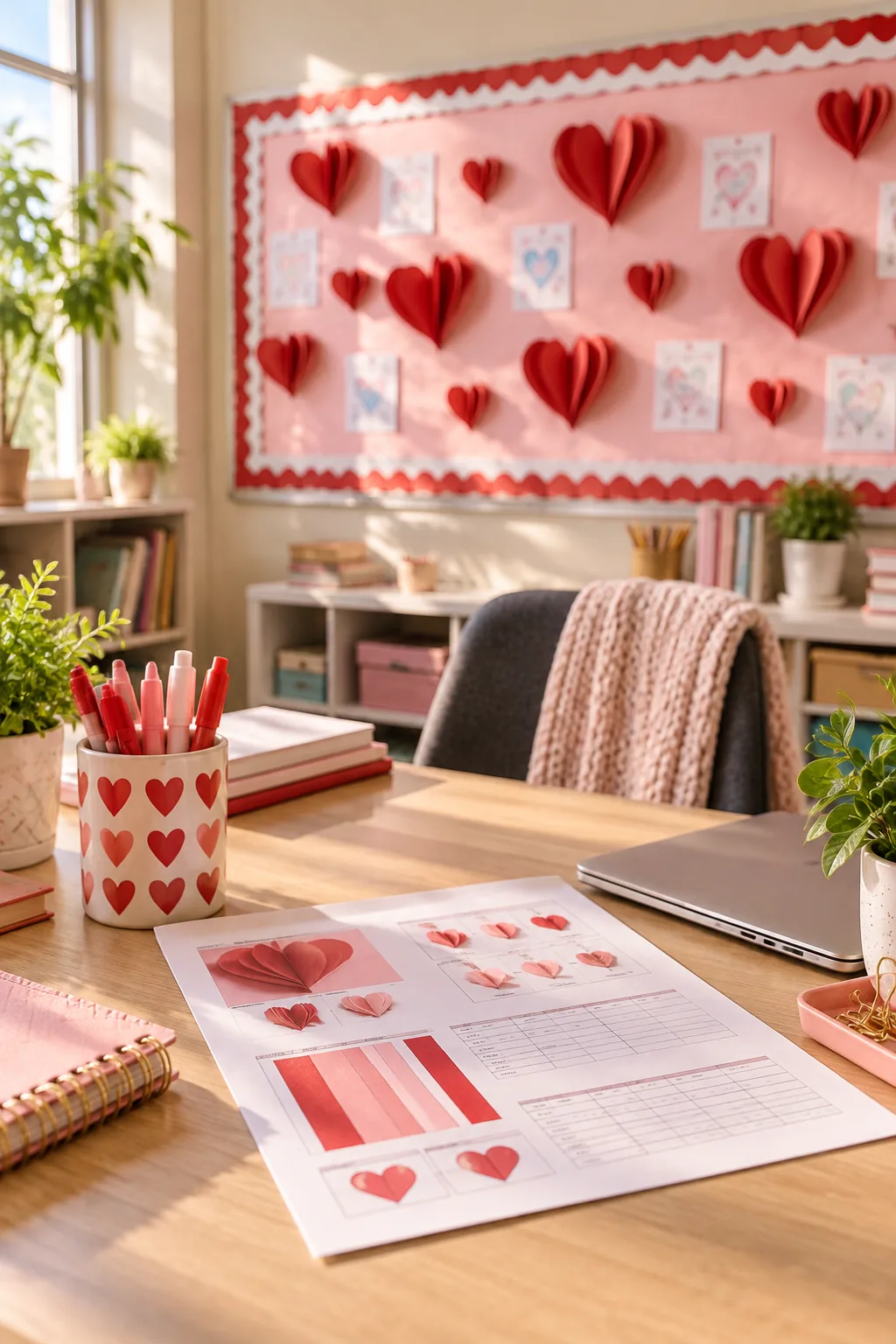 A printed bulletin board build sheet resting on a teacher's desk with the finished board in the background