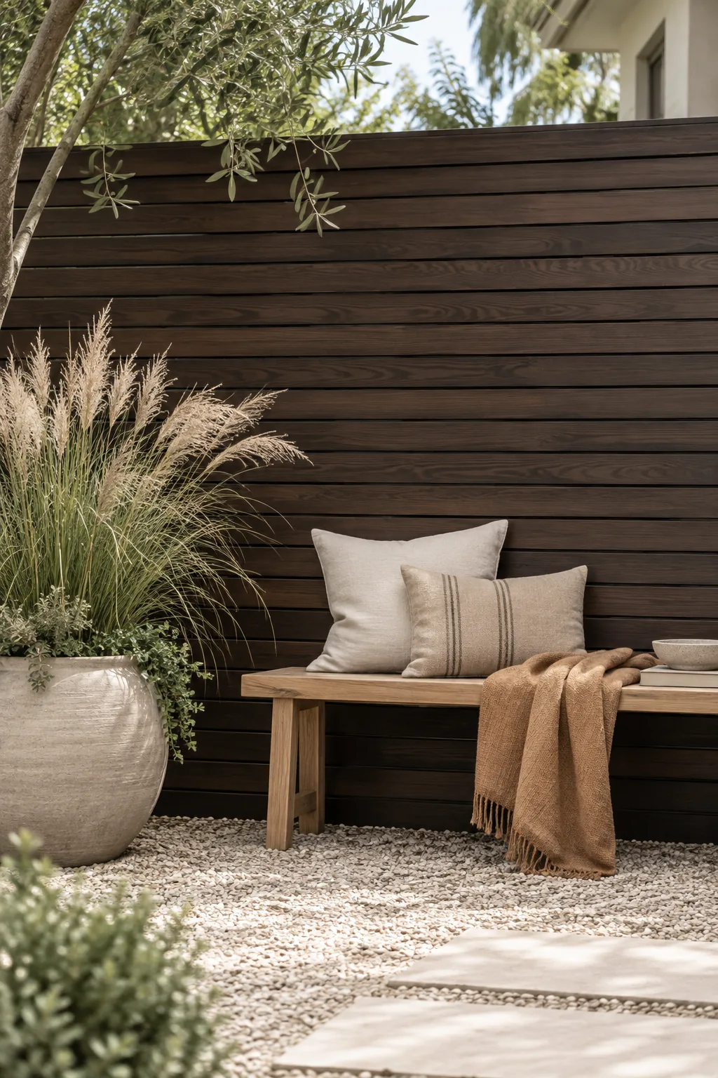 Dark stained horizontal wood slat fence behind concrete planters