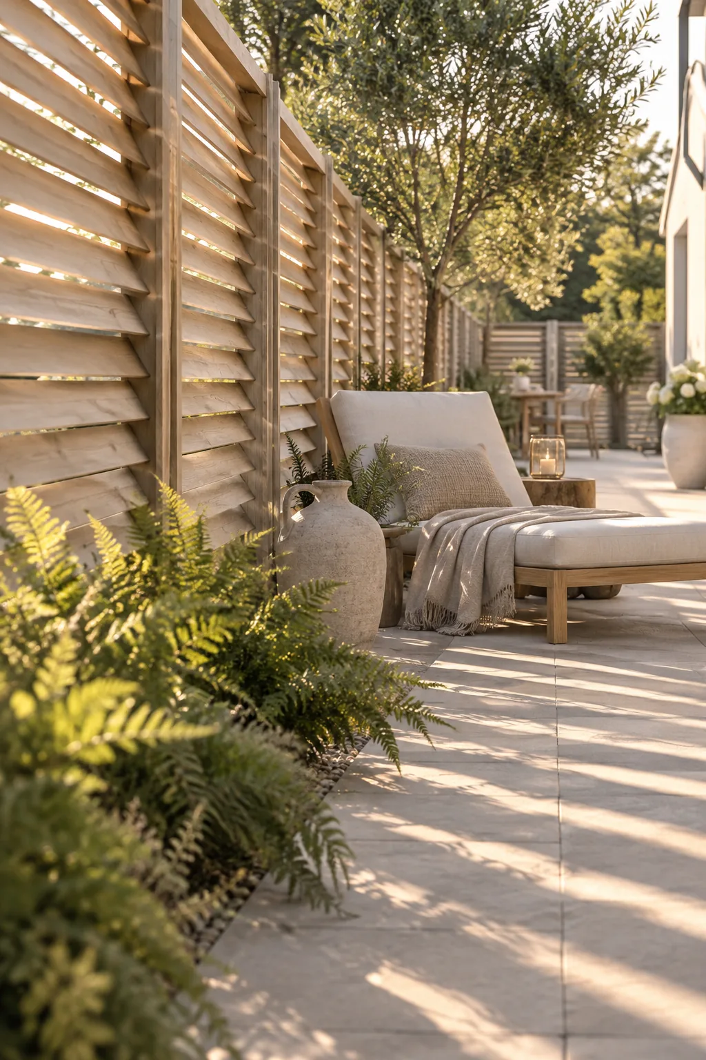 Wooden louvered fence panels letting sunlight through