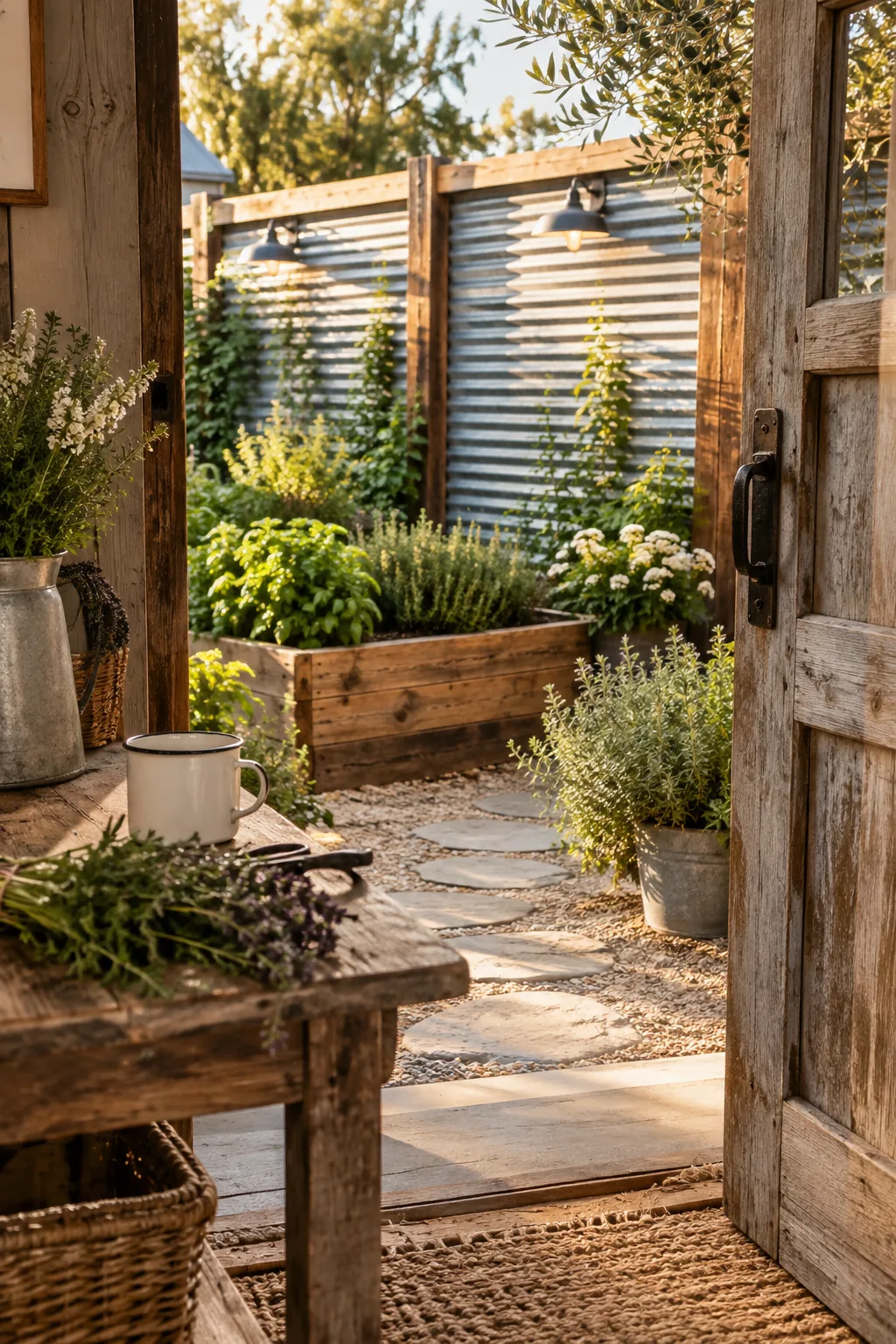 Corrugated metal fence panels framed in natural cedar wood