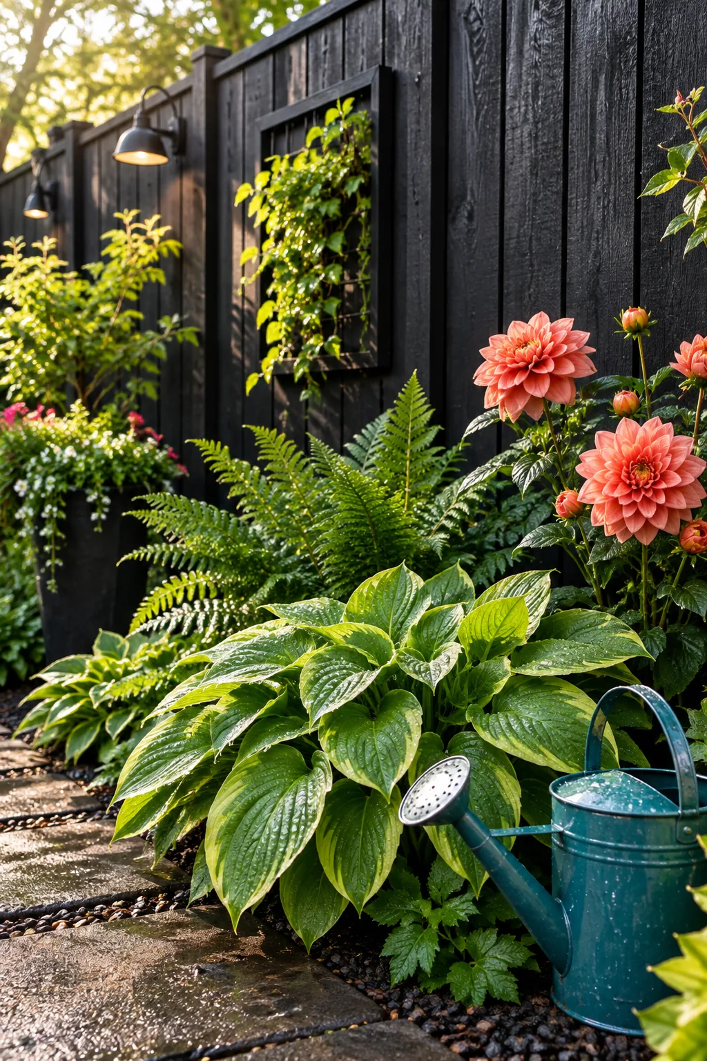 Black painted wooden fence with bright green plants in front
