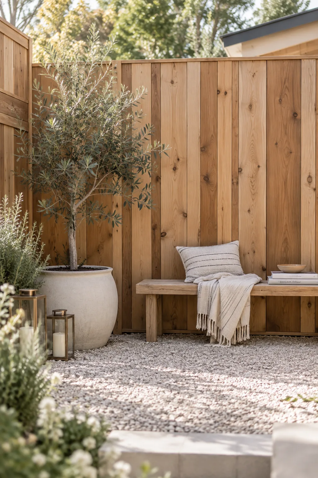 Cedar fence built with alternating wide and narrow boards