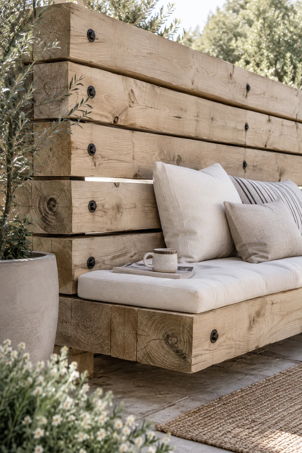Thick 4x4 wooden posts stacked horizontally to form a fence