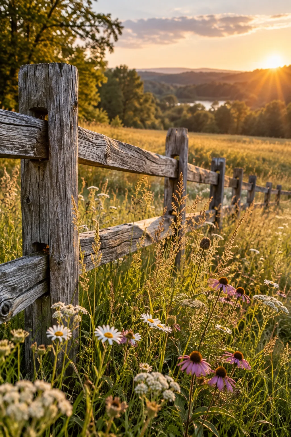 Naturally weathered wooden split rail fence in a yard