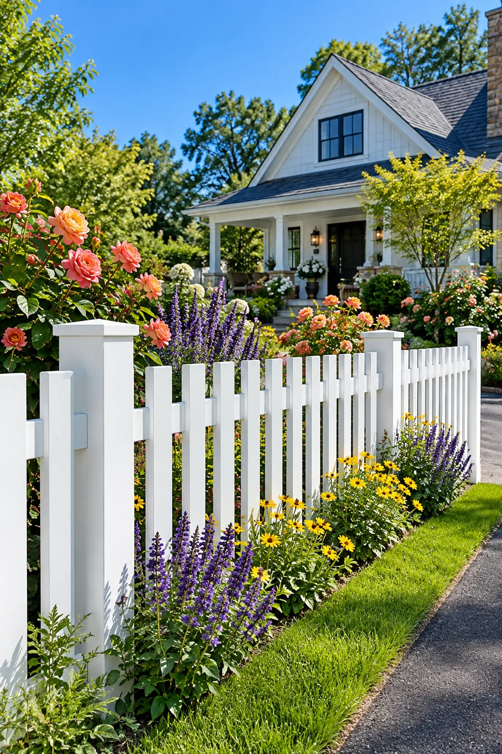 Crisp white fence with flat-topped square pickets