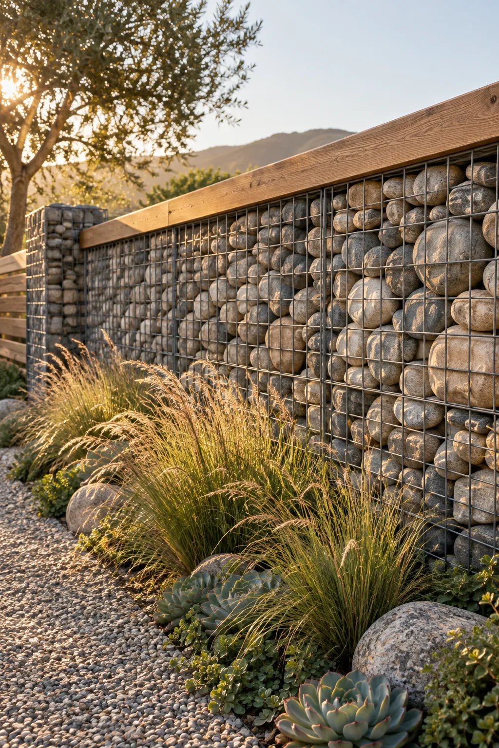 Wire gabion baskets filled with smooth river rocks forming a fence