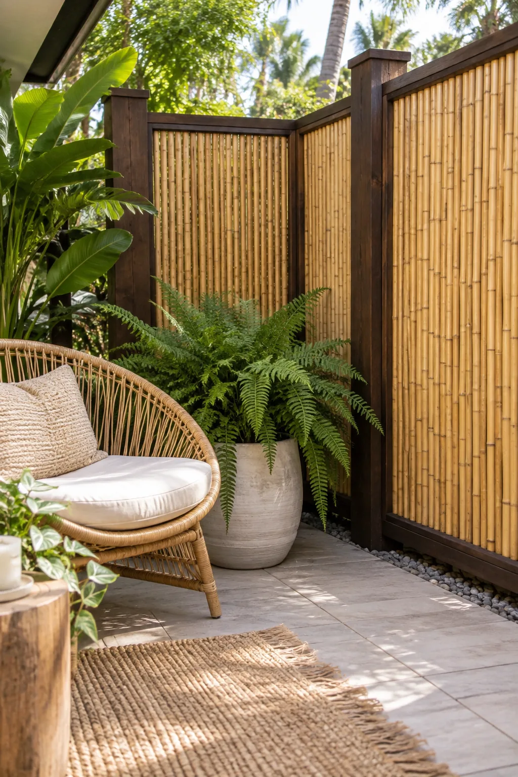 Rolled bamboo fencing framed in dark stained wood